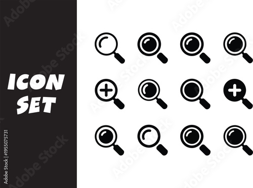 Collection of black and white magnifying glass and plus sign icons.