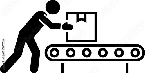Man icon placing box on a conveyor belt. Manufacturing, delivery, and logistics concept. Black and white vector pictogram for web design