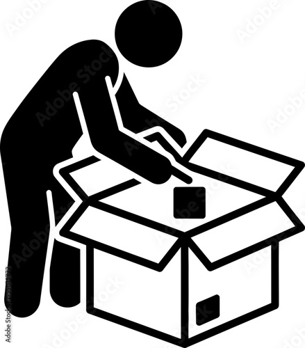 Man packing or unpacking a box. Logistics, delivery, and storage concept. Black and white stick figure vector illustration
