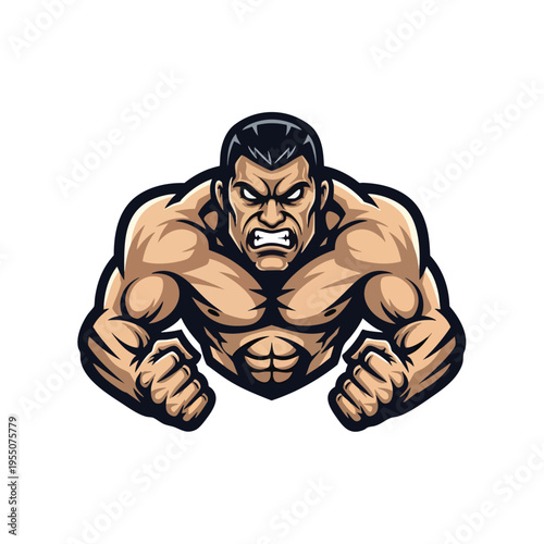 A muscular wrestler vector illustration with a fierce expression, flexing his arms and fists on a white background. Great for sports, wrestling, and fitness designs.