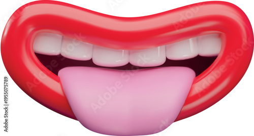 A 3D icon of an open mouth with bright red lips, white teeth, and a protruding pink tongue.