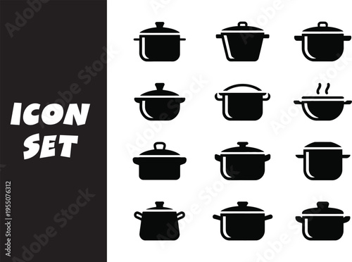 Black and white icon set featuring various types of cookware pots and pans