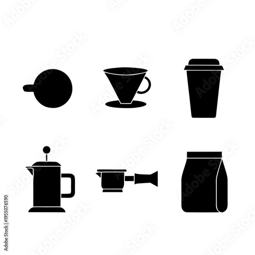 Coffee icons set French press filter cup to go grinder bag
