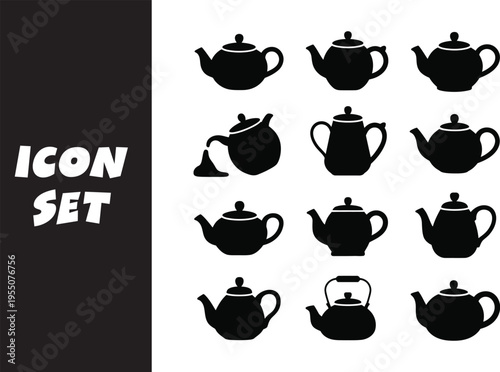 Diverse collection of black silhouette teapot icons arranged in a grid layout