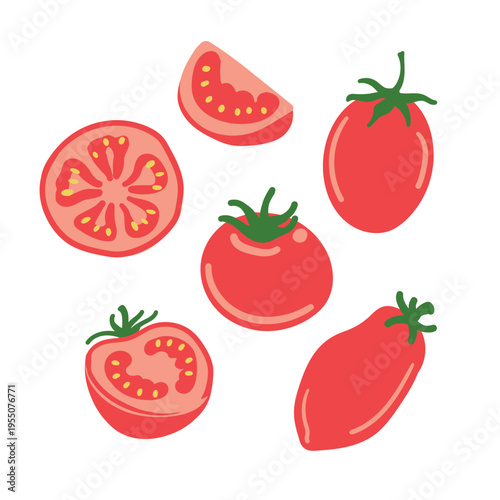 Flat vector illustration set of red tomatoes in different shapes and cuts. Collection includes whole round tomatoes, plum tomatoes, cherry tomatoes, slices, and halves with seeds. Simple hand-drawn