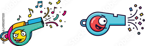 Cartoon Whistle Character with Sound and Confetti – Funny Music and Alert Illustration