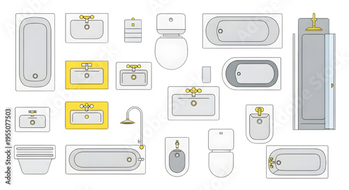 Bathroom Fixtures Top View Vector Set – Toilet Sink Shower Bidet Urinal Layout Yellow Outline Icons