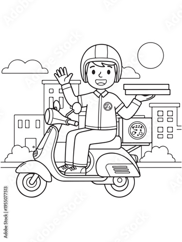 Pizza delivery man riding  coloring page 