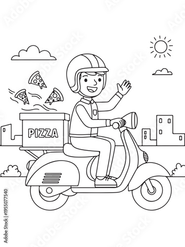 Pizza delivery man riding  coloring page 