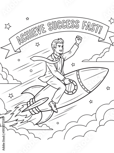 Businessman rides rocket achieve success fast coloring page