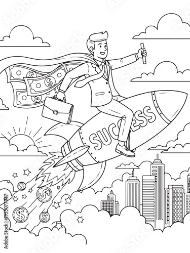 Businessman rides rocket achieve success fast coloring page