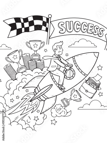 Businessman rides rocket achieve success fast coloring page