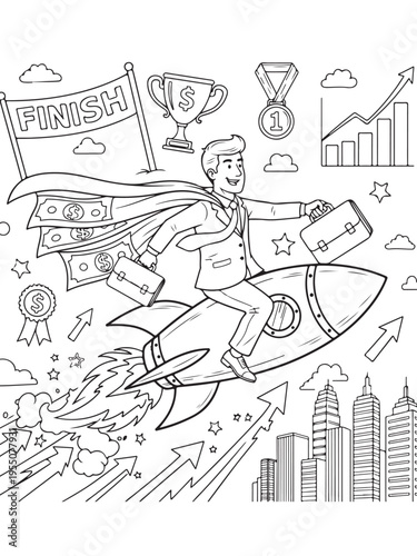Businessman rides rocket achieve success fast coloring page