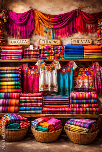 Vibrant Mexican mercado textile display with rebozos, serape blankets, embroidered huipiles, and regional signs. Artisan heritage stock image.