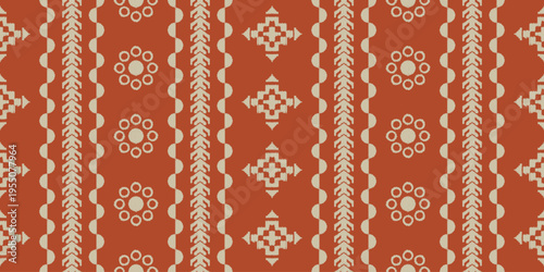 Seamless Southwestern Tribal Pattern in Burnt Orange and Cream, Ethnic Ikat Geometric Background for Fabric, Boho Wallpaper, Traditional Native American Style Textile Print and Home Decor