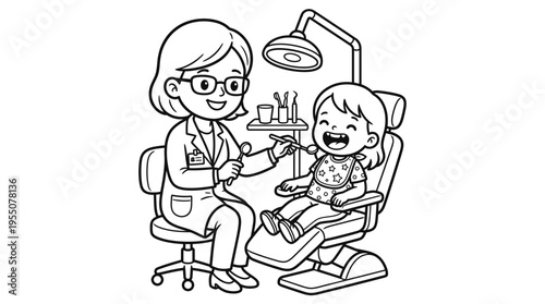 Dentist examining a young childs teeth.