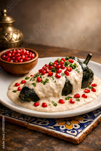 Stunning chiles en nogada plating with creamy walnut sauce and vibrant pomegranate seeds. Mexican flag colors. Patriotic culinary art stock image.
