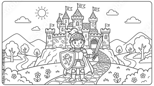 Little boy dressed as medieval knight.