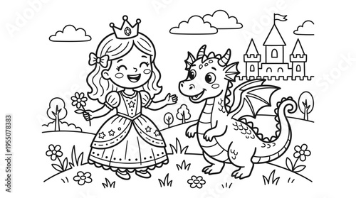 Little girl with friendly dragon pet.
