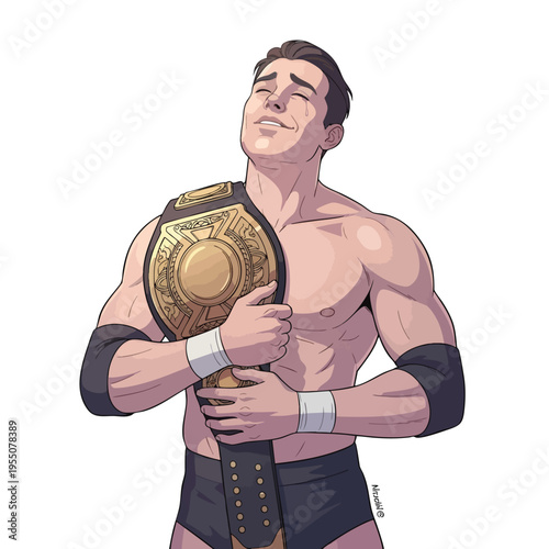 A muscular wrestler vector illustration holding a championship belt, posing triumphantly with a confident expression on a plain white background. Perfect for sports, wrestling, and fitness