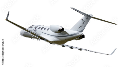 Photography Isolated sleek modern private jet banking in flight, elegant corporate executive