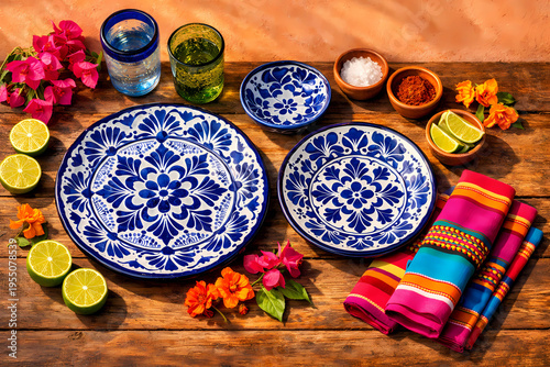 Elegant Talavera table setting with hand-painted ceramics and striped serape napkins. Warm sunlight, vibrant flowers. Mexican dining stock photography.