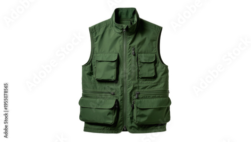 Isolated green utility vest with many functional pockets and full zipper for outdoor adventures