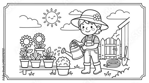 Child Watering Potted Plants Outdoors.