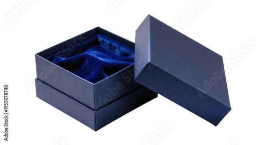 Isolated square dark blue present box with a plush velvet interior and separate lid.