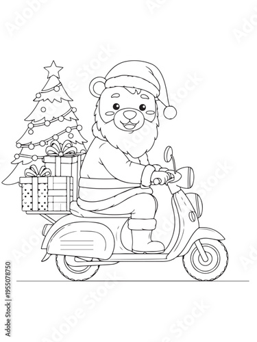 Christmas cartoon bear santa claus costume delivering gifts scooter coloring page