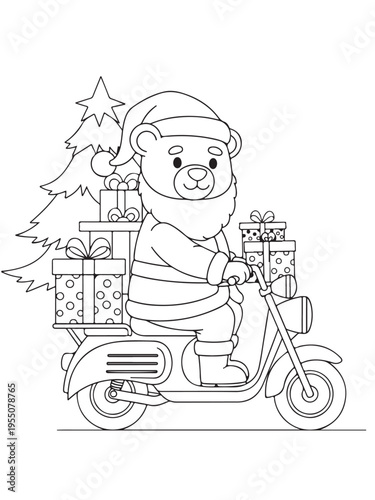 Christmas cartoon bear santa claus costume delivering gifts scooter coloring page