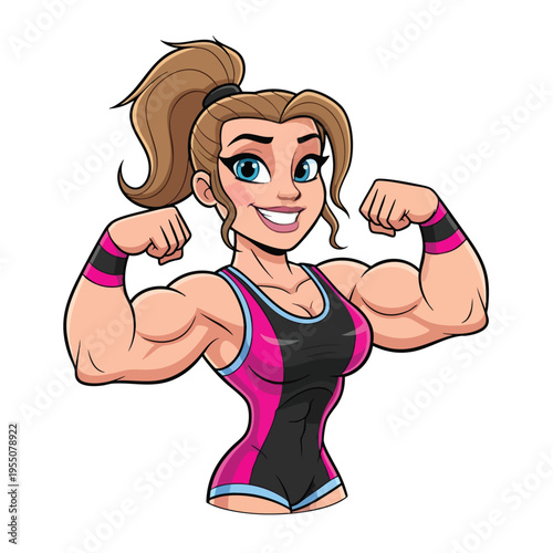 A muscular female wrestler vector illustration with a flexed pose, wearing a pink and black singlet. Perfect for sports, fitness, and wrestling promotions.