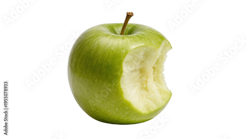 Photography Isolated vibrant fresh green apple with one bite mark revealing crisp white fles