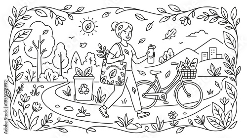 Eco-friendly lifestyle illustration of a person cycling and carrying reusable items
