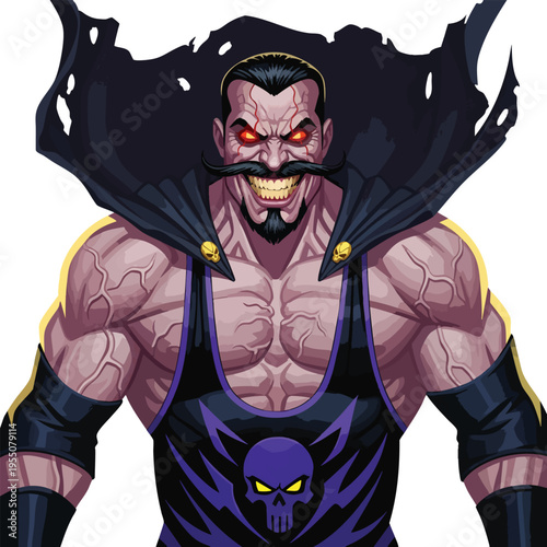 A muscular wrestler vector illustration with a menacing expression, wearing a black and purple outfit with a skull design, set against a white background. Perfect for wrestling promotions,