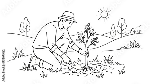 Gardener planting a tree in a field with sunshine and hills in the background