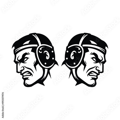 Vector illustration of two angry wrestlers wearing headgear, facing each other in a confrontational pose, depicted in a bold black and white style. Perfect for sports, wrestling, and