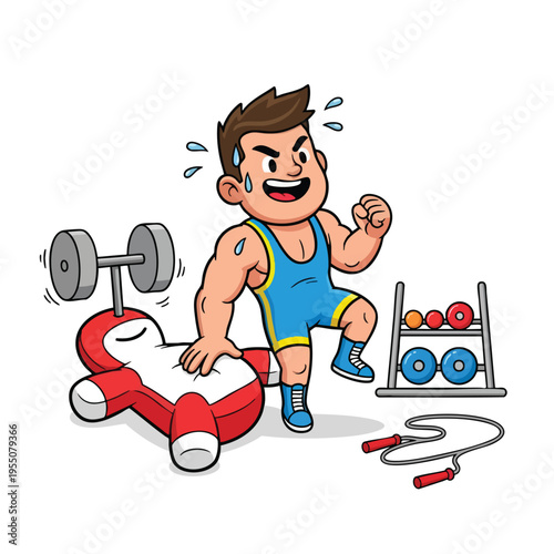 A muscular wrestler vector illustration in a blue singlet, sweating and standing triumphantly beside a weight rack, dumbbell, and jump rope on a white background. Perfect for sports,
