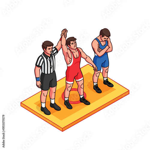 A vector illustration of a wrestler in a red singlet being declared victorious by a referee, with another wrestler in a blue singlet looking on, on a yellow mat. Perfect for sports,