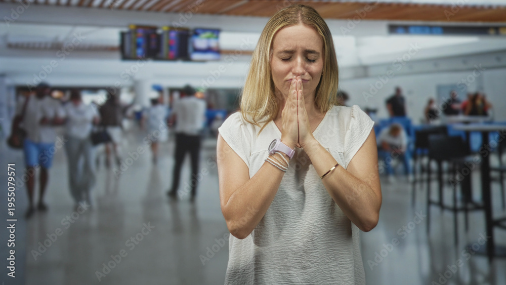 Fototapeta premium Woman with folded hands praying in busy airport terminal, eyes closed and clasped palms at chest while travelers move in the background; hope prayer.