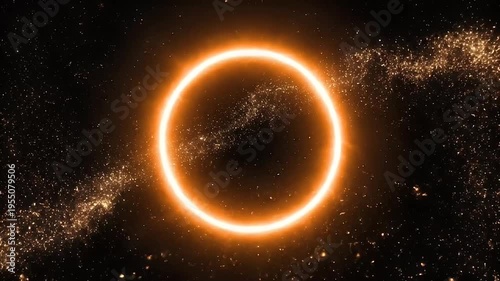 Glowing Orange Ring with Particle Swirls in Starry Space - Abstract Cosmic Event Visualization