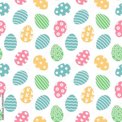 Seamless Easter pattern with colorful decorated eggs, stripes, dots, flowers, hearts, stars, bunny shapes. Cute pastel spring holiday background with playful festive illustration. Hand drawn. Vector.