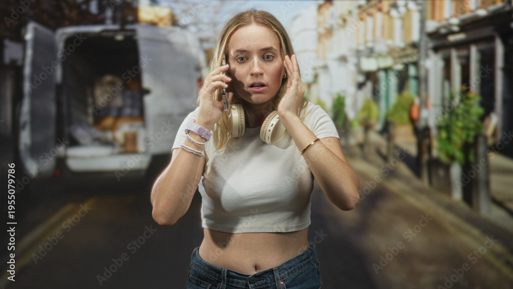 Fototapeta premium Blonde woman with headphones holds a smartphone to her ear and presses her hand to her temple in front of a delivery van on street, white crop top visible, jeans; anxiety urgency.