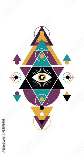 Geometric abstract design with eye symbol and spiritual elements.