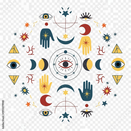 Esoteric symbols and celestial elements arranged in a circular pattern.