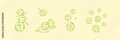 Doodle ice cubes in lemon soda, lime juice, mint lemonade. Summer bar colorful yellow and green background. Fresh cold drink vector illustration. Melting ice blocks with drops, water splash, puddle