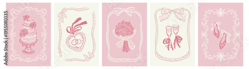 Hand drawn doodle sketch outline victorian baroque style wedding invitations design. Pink coquette girly whimsical frames with cocktail, champagne glass, wedding cake, lace rococo renaissance boarder