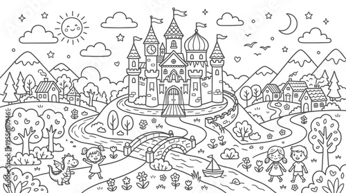 Fantasy Castle with Towers and Flags.