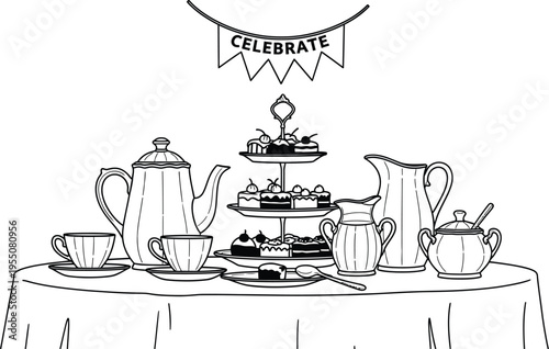 Victory in europe day celebration table with cake and tea