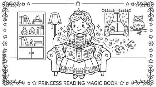 Little girl reading magic book.